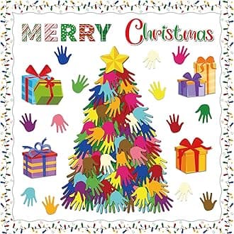 Christmas Bulletin Board Decoration Set Xmas Tree Handprint Name Tags Cutouts for Xmas Holiday Bulletin Board Decor Craft Home Wall(Merry Christmas)