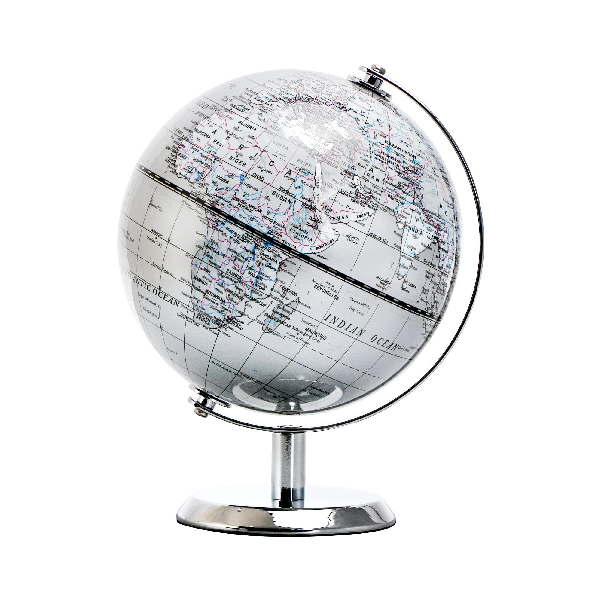 5.5'' World Globe Silver - English Map - Mini Globe Educational/Geographic - Stainless Steel Arc and Base - Silver Grey