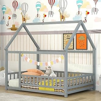 Bellemave Full Size House Floor Bed,Wooden Montessori Bed with Fence and Roof for Kids,Playhouse Full Bed Frame for Girls,Boys(Full,Gray)