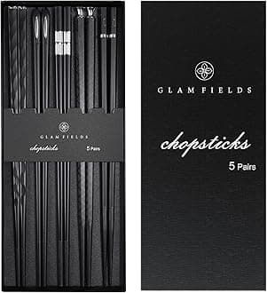 GLAMFIELDS 5 Pairs Premium Chopsticks Reusable Dishwasher Safe 9.5 Inch Fiberglass Chop Sticks Gift Set Non Slip Black + Silver