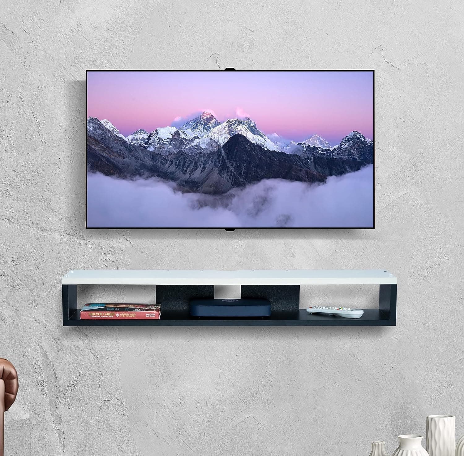 Work Wall Mount Tv Entertainment Unit/with Set Top Box Stand and Wall Shelf,Living Room 43 INCH TV Engineered Wood (32 INCH TV) (Black-White)