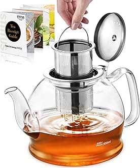 STNTUS Glass Teapot, 40 oz. / 1200 ml Teapot, Glass Tea Pot for Loose Tea, Glass Teapot with Infusers for Loose Tea, Tea Pot for Stove, Teapot with Stainless Steel Strainer, Teapot for 4-6 Cups