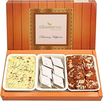 Ghasitaram Gifts Indian Sweets - Diwali Gifts Diwali Sweet - Kaju Katli, Dodha Barfi and Soan Papdi