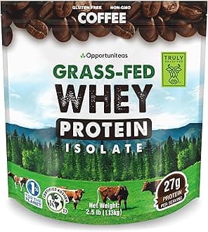 Opportuniteas Grass Fed Coffee Whey Isolate Protein Powder – 27 g Protein per Serving, Heavy-Metal Tested, Made with Real Colombian Coffee, Non-GMO, Hormone-Free, Sourced from Ireland, 2.5 lb