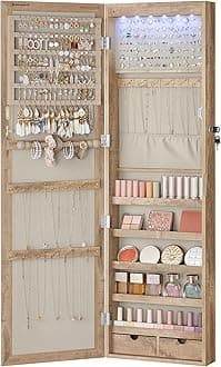SONGMICS 6 LEDs Mirror Jewelry Cabinet, 47.2-Inch Tall Lockable Wall or Door Mounted Jewelry Armoire Organizer with Mirror, 2 Drawers, 3.9 x 14.6 x 47.2 Inches, Toasted Oak Color UJJC093N01