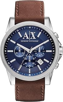 A|X Armani Exchange Stainless Steel Watch with Blue Dial and Brown Leather Strap