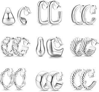 THUNARAZ 9 Pairs Clip on Earrings for Women 14K Gold Plated Chunky Hoop Clips Earring Trendy Clip on Hoop Earrings for Women Non-Pierced Fake Jewelry