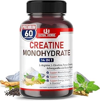 Ultra Creatine Pills | Creatine Monohydrate Capsules Enhanced with L-Arginine, L Citrulline, Ginseng | Support Stamina, Energy & Muscle Growth | 180 Capsules