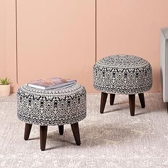 nestroots Set of 2 Wooden Ottoman Stools for Living Room | Printed Pouffes for Sitting, Foot Rest with 4 Wooden Legs | 14 Inch Height, Blue | Stylish & Comfortable Furniture for Home Décor