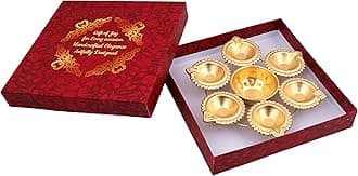 R Ayurveda Copper Diya Shape Iron Flower Decorative Urli for Home | Handcrafted | Golden | Decorative Metal Diya Traditional Golden Bowl Table Decor Gift (Diya URLI Bowl 7 INCHES 6 Diya)