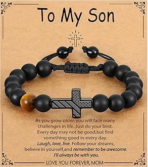 P. BLAKE First Communion Confirmation Baptism Gifts for Boys Teens, American Flag Cross Natural Beads Bracelet Christian Religious Jewelry Gifts for Teen Boys Kids