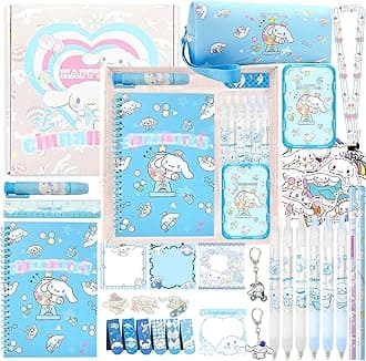 iseainno Cute School Supplies Present Set Kawaii Including Ballpoint Pens, Pencil Case, ID Badge Holder, Stickers, Key Chain, A5 Notebook, Bookmark, Eraser, Ruler for Girls Kids Teens