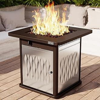 EAST OAK 28'' Stainless Steels Fire Pits Table, 50,000 BTU Upgraded Steel Gas FirePit for Outdoor, Outside Patio, CSA Certified Fire Table with Magnetic Lid, Cover-Storage Basket and Lava Rock, Brown