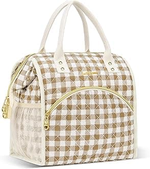 LOKASS Insulated Lunch Bag Women- Reusable 10 L Lunch Box for Women - Leakproof Tote Cooler Bag for Adults Work, Beach, Travel, Picnic （Brown&White Diamond Grid）