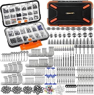 PLUSINNO 397pcs Fishing Accessories Kit, Fishing Tackle Box with Tackle Included, Hooks, Weights, Jig Heads, Swivels Snaps Combined into 12 Rigs, Fishing Gear Equipment for Bass