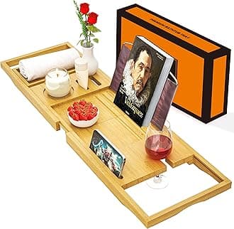 Premium Bathtub Tray Caddy - Bath Tray Expandable - Bath Tub Tray Table for Bathtub, Bamboo Wooden, Fits Most Bath Tubs