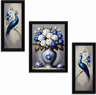 SAF flower with couple peacock Paintings for Wall Decoration - Set Of 3, 3d Painting for Living Room Large Size with Frames for Home Decoration, Hotel, Office painting 61 cm x 36 cm S36056