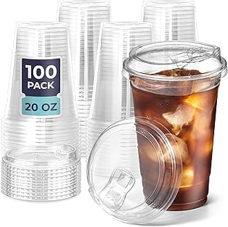 100 Pack 20 oz Clear Plastic Cups with Strawless Sip Lids, Disposable Plastic Coffee Cups with Lids, To Go Cups for Iced Coffee, Smoothies, Soda, Party Drinks, Bubble Tea, Cold Beverage