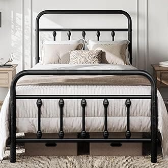 Yaheetech 3ft Single Bed Frame Vintage Iron Platform Bed with High Headboard and Footboard, Strong Metal-Framed Bed with Storage Black