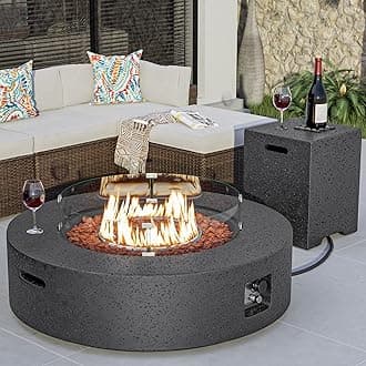 COSIEST 42 inch Outdoor Propane Fire Pit Coffee Table w Concrete Round Base Patio Heater, Certified, 50,000 BTU Stainless Steel Burner, Free Lava Rocks, Rain Cover, Wind Guard, Tank Cover, Gray
