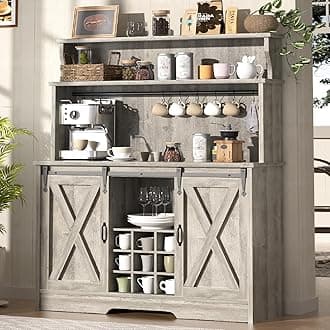 Farmhouse Coffee Bar Cabinet with 3 Tier Storage Hutch, 47'' Coffee Bar Station with Sliding Barn Door, Hutch Storage Cabinet with 9 Wine Racks & 9 Hooks for Kitchen Dining Living Room