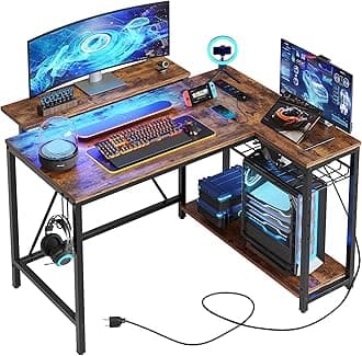 Bestier Gaming Desk with Power Outlets,42 LED Small Corner Computer Desk with Reversible Storage Shelves,L Shaped Desk with Hooks Workstation Desk for Office and Bedroom,Rustic Brown