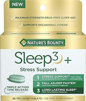 Nature's Bounty Stress Support Plus Melatonin, Sleep3 Maximum Strength 100% Drug Free Sleep Aid, Dietary Supplement with Ashwagandha, Time Release Technology, 10mg, 56 Tri-Layered Tablets