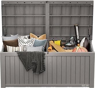 EAST OAK Outdoor Storage Box, 150 Gallon Deck Box, Large Resin Storage Bin for Patio Cushions, Gardening Tools, Lockable, Waterproof and UV Resistant, Grey