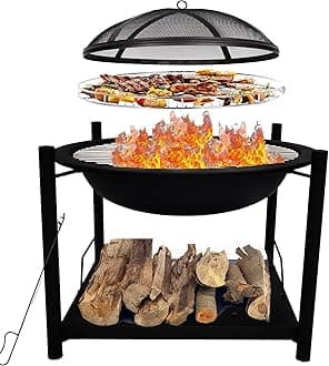 Outdoor Wood Fire Pit - 26" Steel BBQ Grill with Mesh Spark Screen, Log Grate, Fire Poker & Cover for Camping, Picnic, Bonfire - Durable, Easy to Assemble, 2 in 1