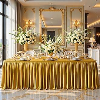 6FT Gold Satin Tablecloths for Rectangle Tables - Shiny Spandex Party Table Cover with Pleated Table Skirt, No-Wrinkle & Glossy Wedding Tablecloth One-Piece for Birthday Baby Shower Banquet Ceremony