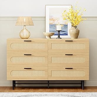 Dresser for Bedroom with 6 Drawer, Natural Rattan Chest of Drawers, Wooden Dresser for Nursery, Hallway, Living Room