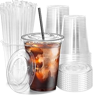 100 Pack 16 oz Plastic Iced Coffee Cups with Flat Lids and Black Straws, Disposable Clear Cup, BPA Free Cup for Party, Smoothie, Cold Drinks, Juice, Milkshake, Bubble Boba, Tea