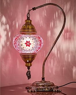 DEMMEX Turkish Moroccan Mosaic Table Lamp – Handcrafted Tiffany-Style Colorful Glass Swan Neck Bedside, Desk, Table Light, Boho Artisan Accent Lighting for Bedroom or Living Room – 15" H, Pink