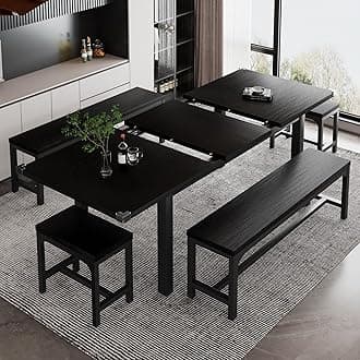iPormis 5-Piece Modern Minimalist Dining Table Set for 4-8 People, Extendable Kitchen Table with 2 Benches and 2 Square Stools, Black