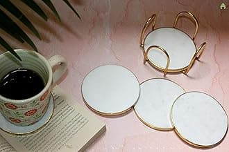 Monstera Hut ® Tea/Chai Coaster | Dining Table Decor Accessories | Coster Set for Dining Table for Hot Pots | Durable & Long-Lasting White Marble Coaster Set with Brass Rim - (Set of 6 with Holder)