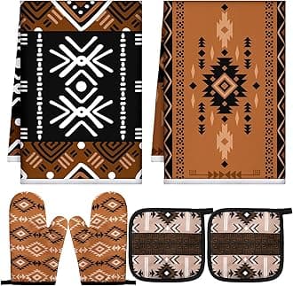 Bencailor 6 Pcs Kitchen Decor Pot Holders Oven Mitts 2 Dish Towels 2 Farmhouse Cooking Mittens Oven Glove 2 Potholder for Baking Cooking Grilling Supply Accessories (Black, Brown,Geometric Patterns)