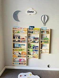 Handmade Natural Solid Wood Montessori Narrow Kids Bookshelf, Wall Mounted Tall Skinny Book Shelf, Space Saver Book Rack for Nursery, Living Room 3-Tier, 4-Tier, 5-Tier (17, 5 Tier)