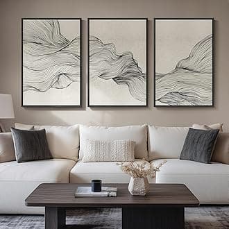 Large Framed Black and Beige Neutral Abstract Wall Art for Living Room, 3 Piece Modern Canvas Prints Paintings Artwork for Walls, Minimalist Lines Pictures for Hallway Stair Office Wall Decor 24x36 In