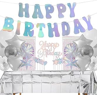ecoZen Disco Decorations Set - Iridescent Party Supplies with Banner, Cutlery, Cupcake Toppers, Disco Ball Balloons - Great for Birthdays, Bridal Showers, Family Events, and Funfilled Celebrations