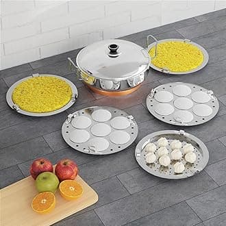 QSEC Stainless steel Multi Purpose Kadai with 5 Plate Idli Maker with 5 Plates Idli Cooker Kadai Steamer with Copper Bottom All-in-One Big Size 5 Plate (Silver)