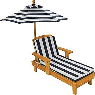 KidKraft Outdoor Wooden Chaise Lounge, Backyard Furniture Chair with Umbrella and Cushion, for Kids or Pets, Navy and White Striped Fabric