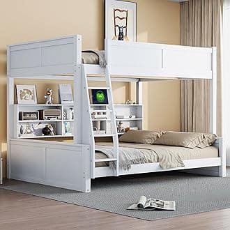 Full XL Over Queen Bunk Bed with Storage, Modern Wood Queen Bunk Bed with Storage Cabinets and USB Ports for Kids Teens Adults, Space-Saving with Ladder, Guardrail, Antique White