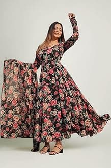 Modestouze Attires Women's Floral Georgette Kurta Set with Dupatta | Round Neck Full Sleeve Fit Flared Anarkali Kurti