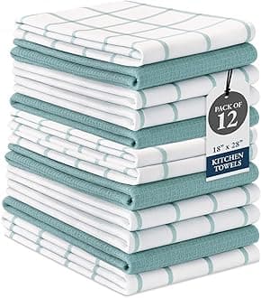 LANE LINEN Kitchen Towels Set – Pack of 12 Dish Cloths, 100% Cotton Absorbent Tea Towels 18” x 28” Quick-Drying & Soft Cleaning Kitchen Towel (Auqa)