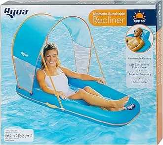 Aqua Pool Float with Canopy, Cup Holder - Oversized Luxury Recliner Swimming Pool Floating Lounger, Heavy Duty with Removable Sun Shade Cover, Drink Holder, Ergonomic Headrest, XL Floating Recliner