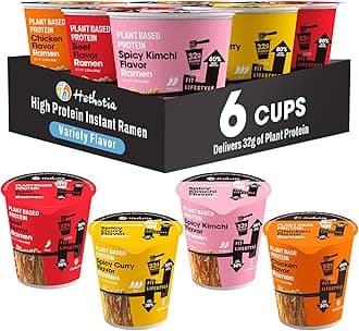 - Hethstia High Protein Ramen Variety Pack, 6-Pack Instant Vegan Noodle Soup Cups – Chicken, Beef, Spicy Curry, Kimchi – 32g Plant Protein, Non-Fried, Low Fat, Healthy Quick Meal