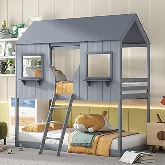 Harper & Bright Designs House Bunk Bed Twin Over Twin, Wood Floor Bunk Bed with Roof, Window, Guardrail and Ladder, Low Bunk Beds for Kids, Teens, Girls, Boys,No Box Spring Needed,Gray