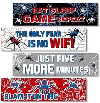 4 Pcs Spider Bedroom Wall Decor Boys Room Decor for Kids-Gamer Room Decor-Inspirational Wooden Hanging Wall Sign-Motivational Quote Car Wall Decor for Boys Kids Nursery Playroom Kindergarten