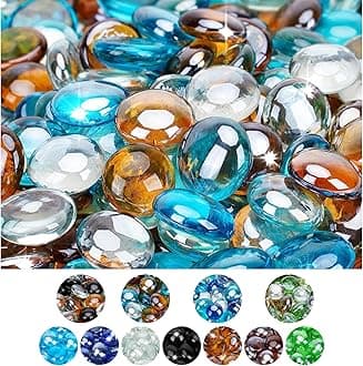 Mr. Fireglass 10 Pound Blended Fire Glass Beads, 1/2" High Luster Mixed Colored Fire Glass Drops for Fireplace Fire Pit & Lanscaping, Caribbean Blue, Crystal Ice, Caramel