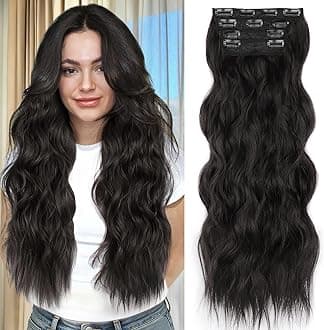 ALXNAN Clip in Long Wavy Synthetic Hair Extension 24 Inch Black Brown 4PCS Thick Hairpieces Fiber Double Weft Hair for Women